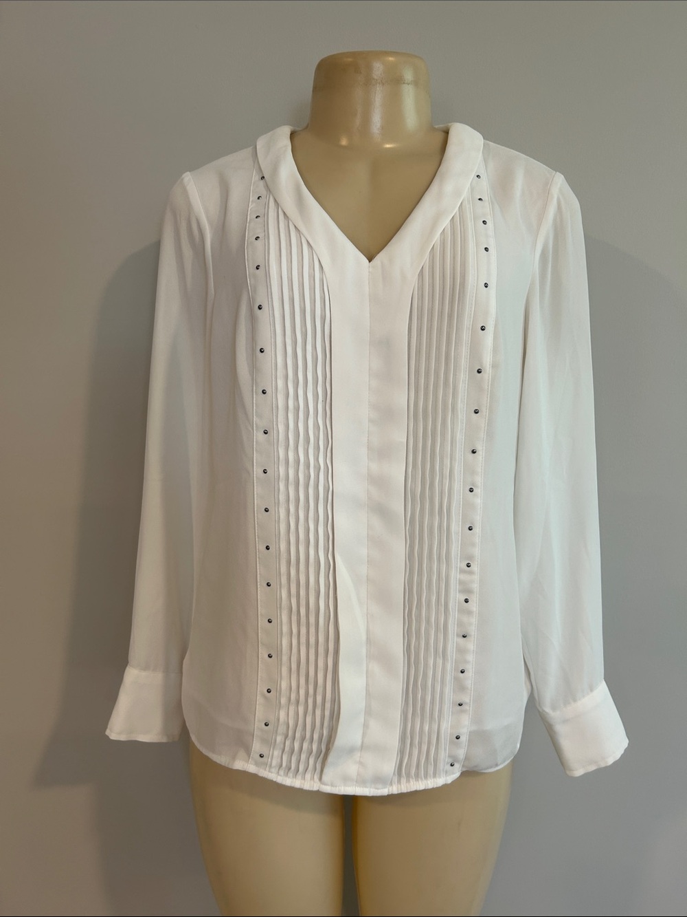 White House Black Market White Pintuck V-Neck Blouse with Stud Accents